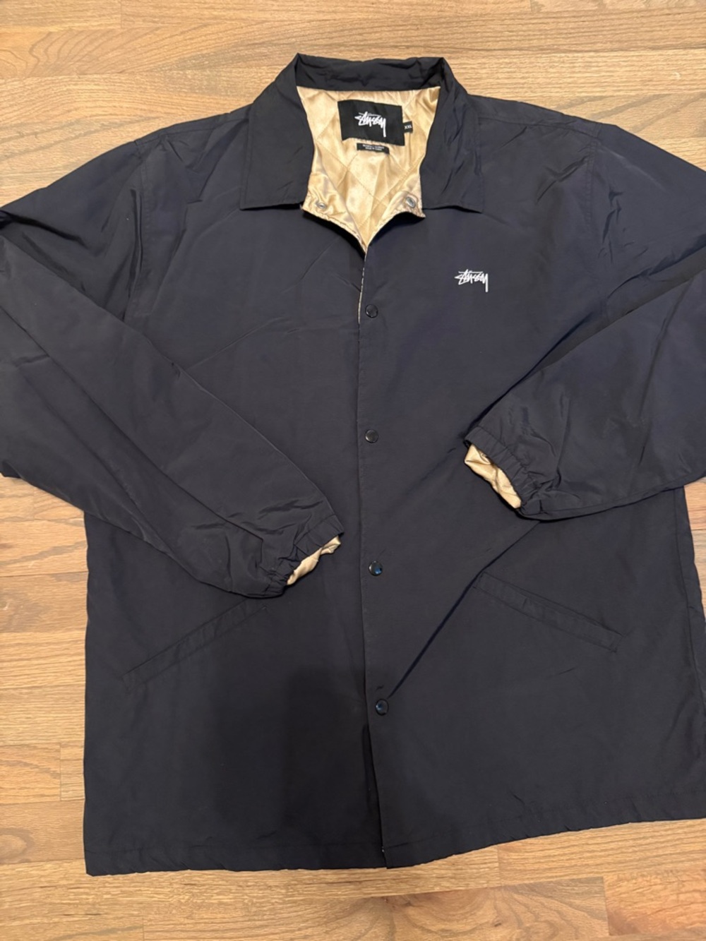 Stussy Black Windbreaker Coach Jacket with Tan Interior